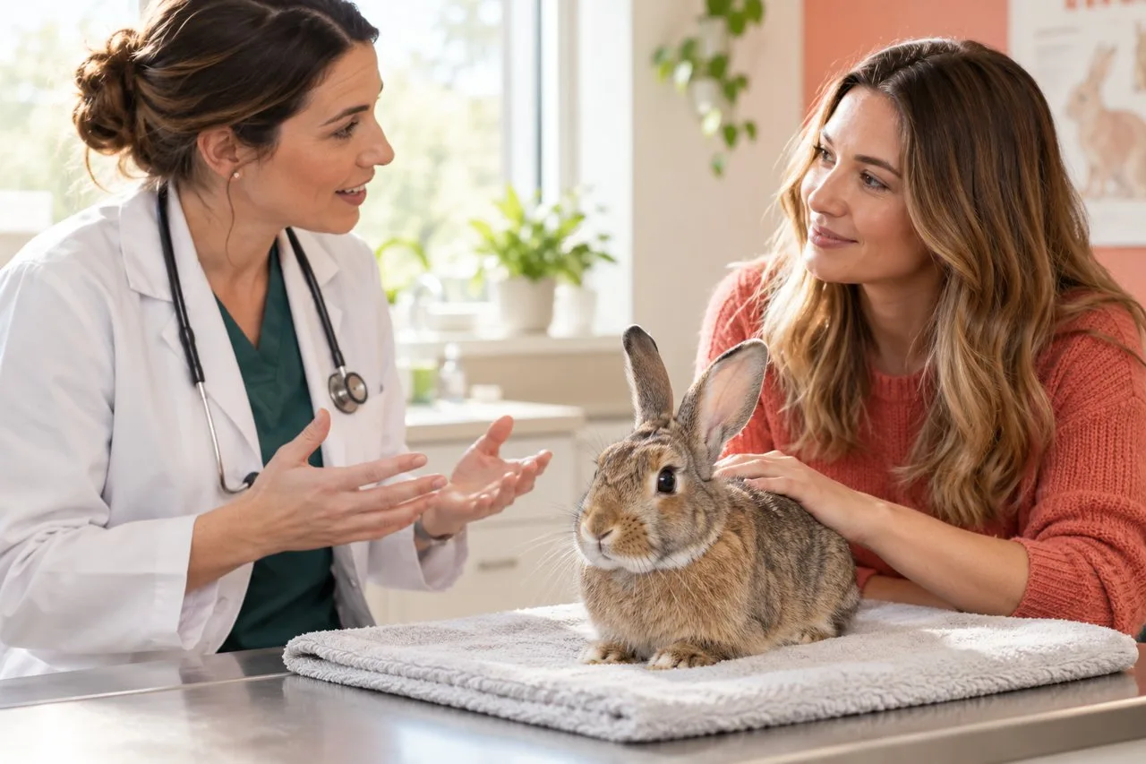 Rabbit on a towel during a consultation with a veterinarian and owner